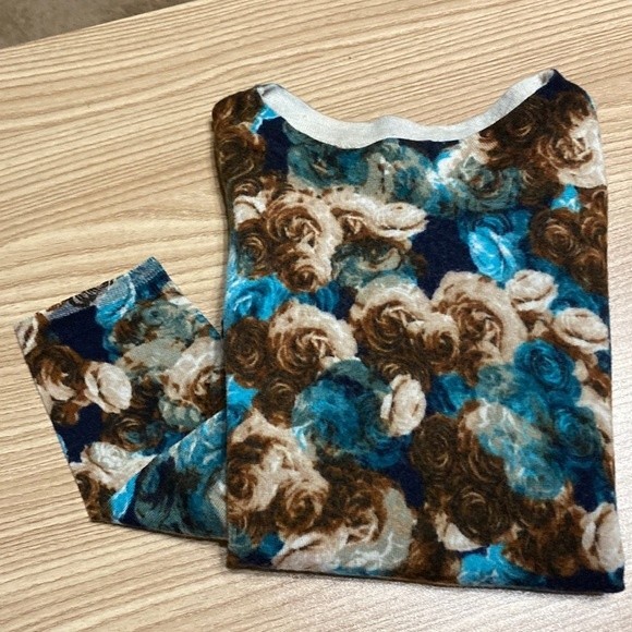 Talbots 100% Merino Wool Blue & Brown Dark Floral Print Crew Neck Sweater M - Picture 4 of 6